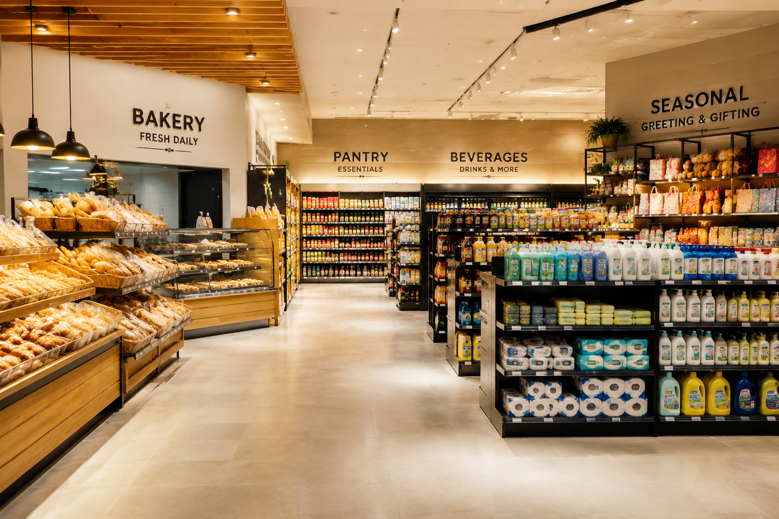 A supermarket aisle with everyday groceries and home essentials
